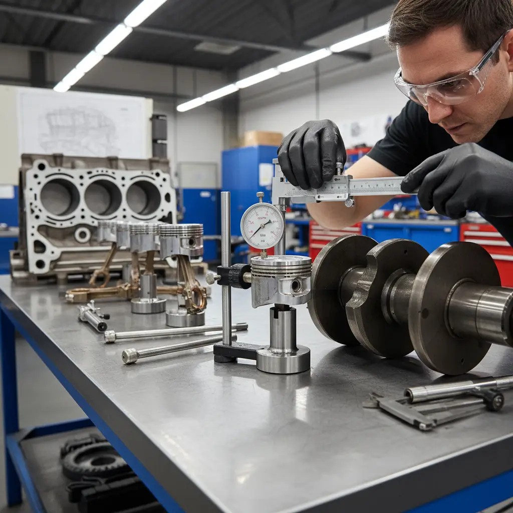 Mechanic using precision measuring tools to inspect a used engine before fitment