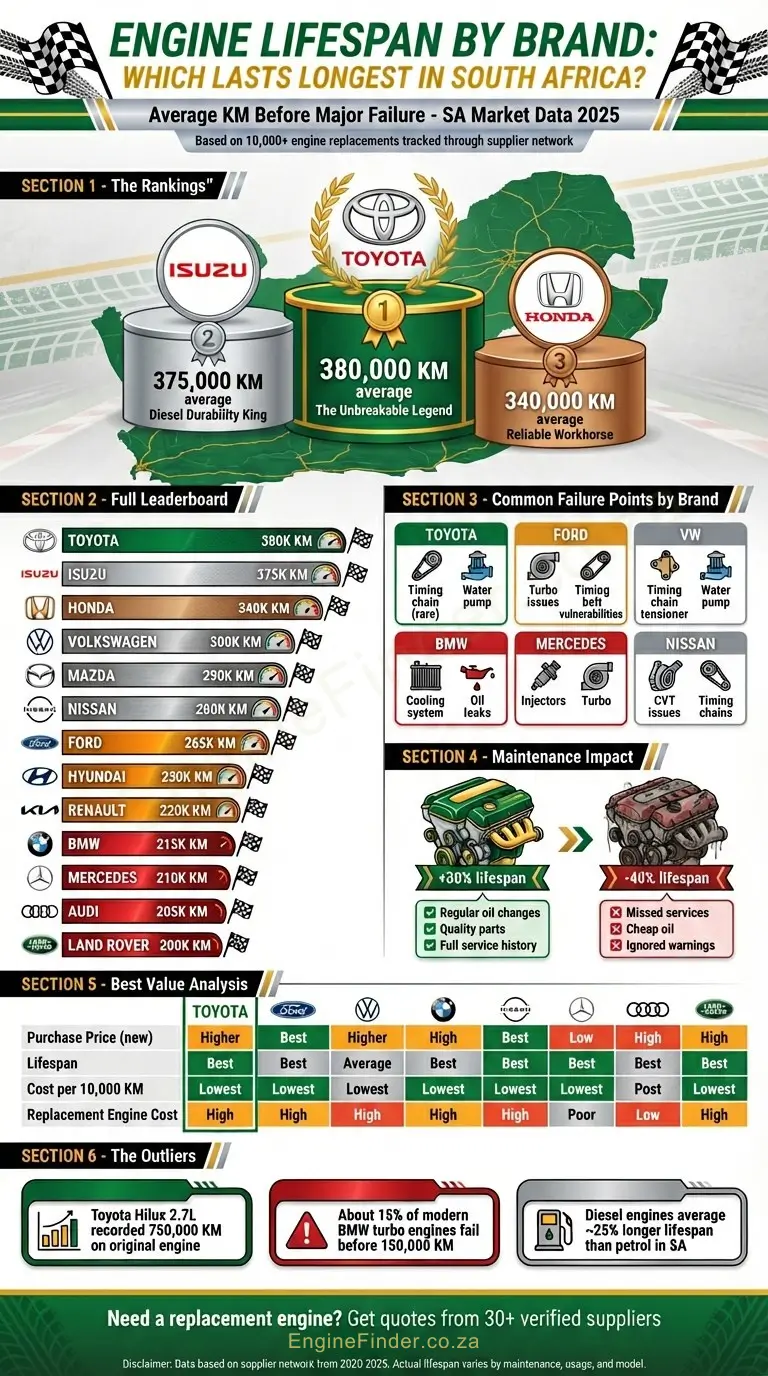 Infographic summarising engine lifespan stages, warning signs, and cost triggers