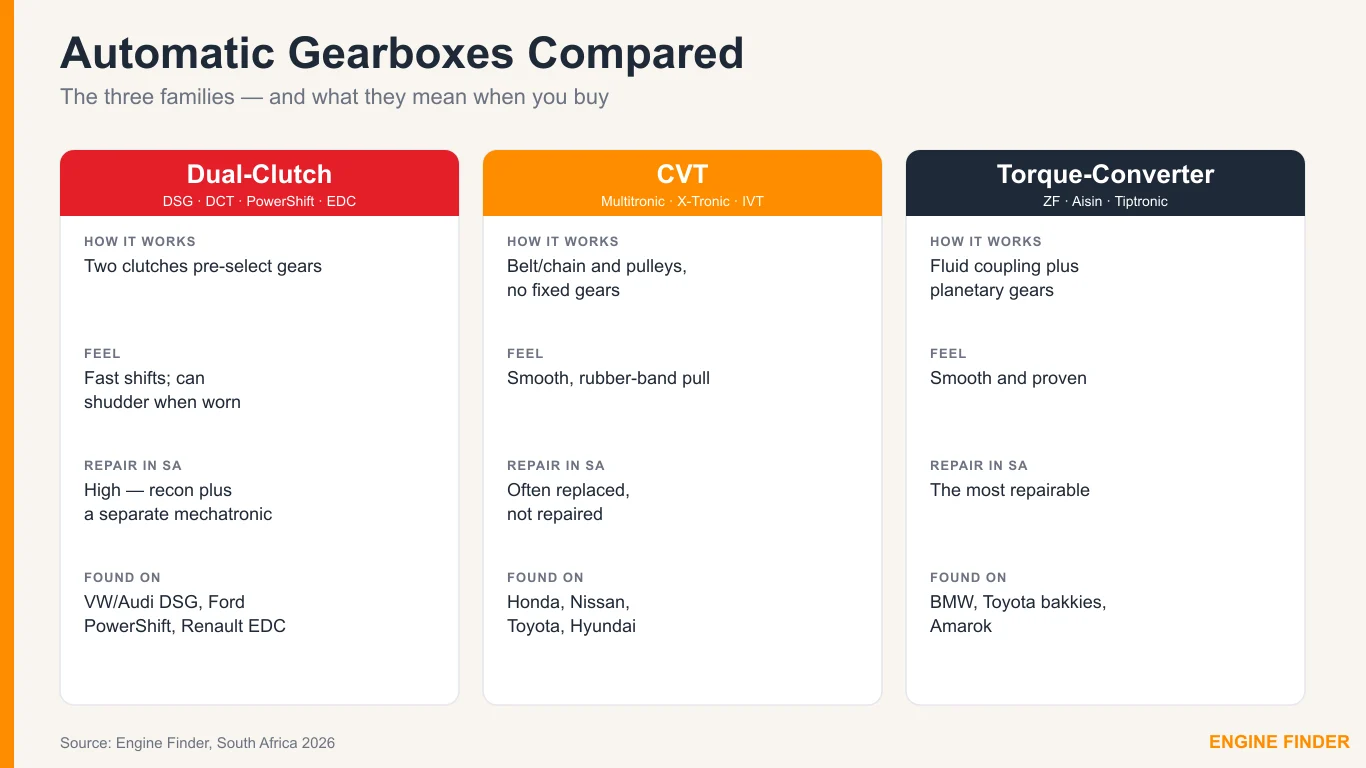 DSG vs CVT vs torque-converter automatic gearboxes compared — how each works, feel and repairability